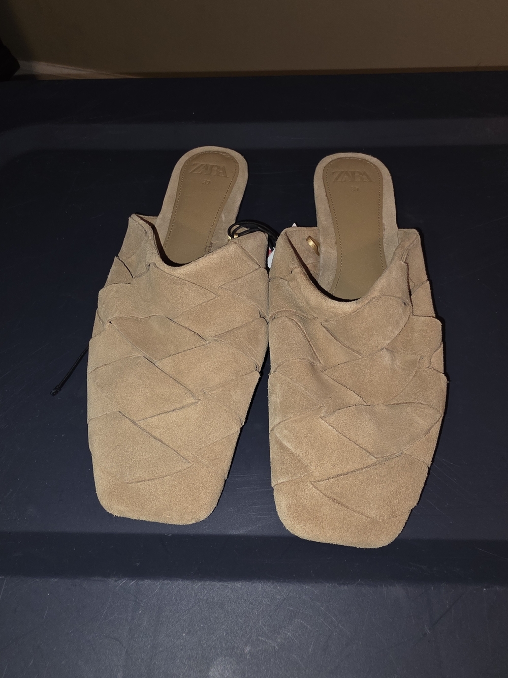 Zara Woven Suede Mule Slides in Tan